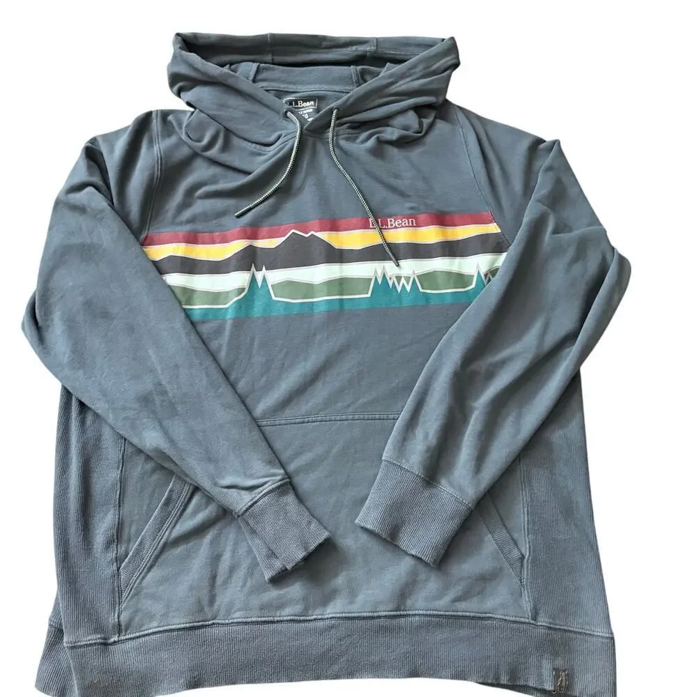 L.L.Bean Slightly Fitted Hoodie Size L Mountain Graphic Pullover Gray GORPCORE